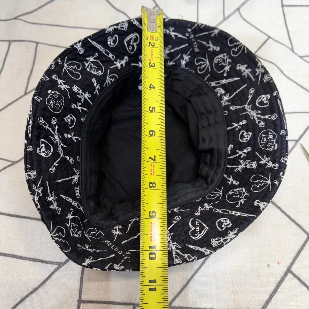 Melodie Perrault Bucket Hat OS Black‎ White Doodle Skull Rose Punk Streetwear